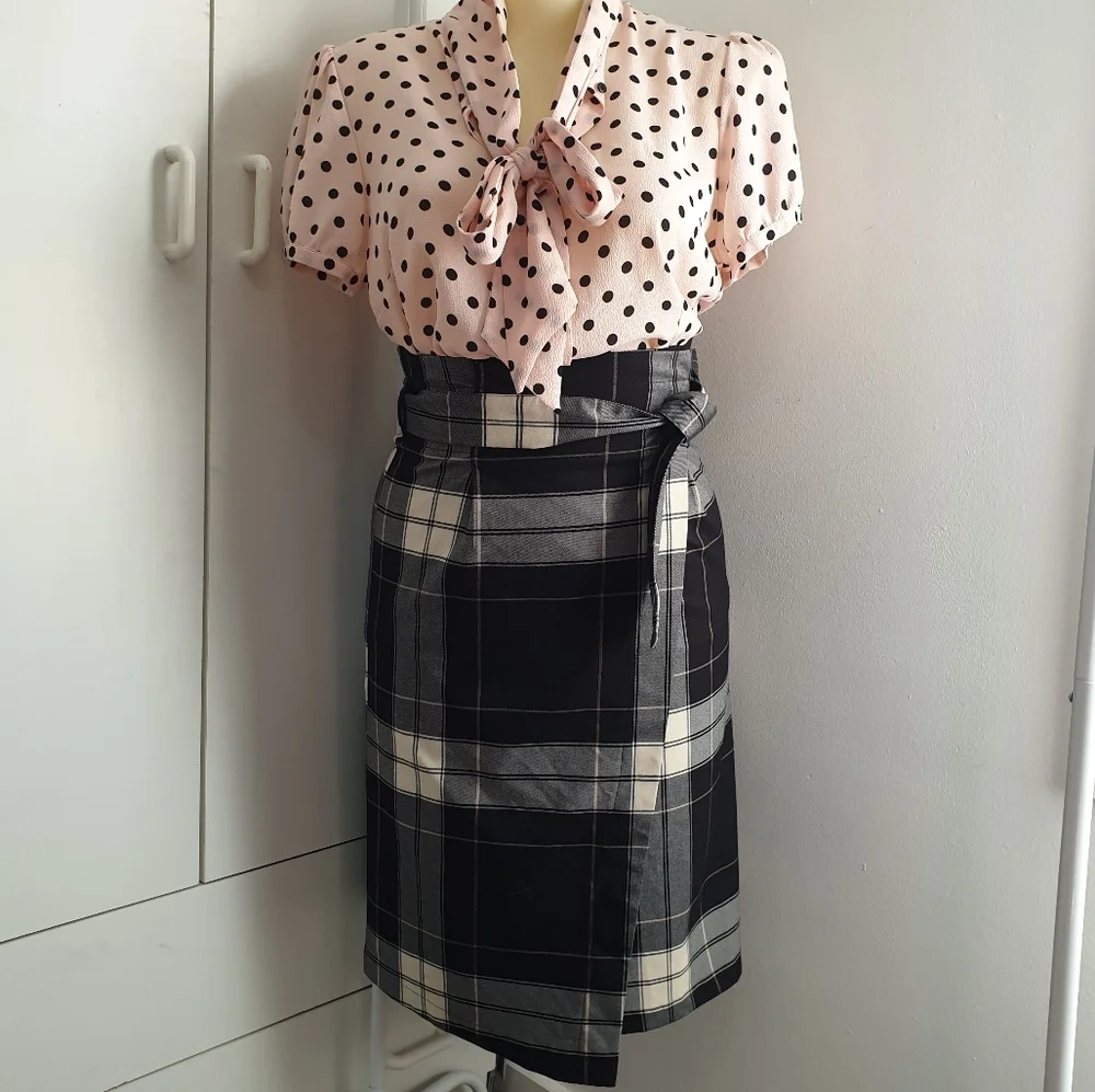 NWT AU 14 Dotti Black White Plaid Midi Belt Wrap Skirt - Picture 12 of 16